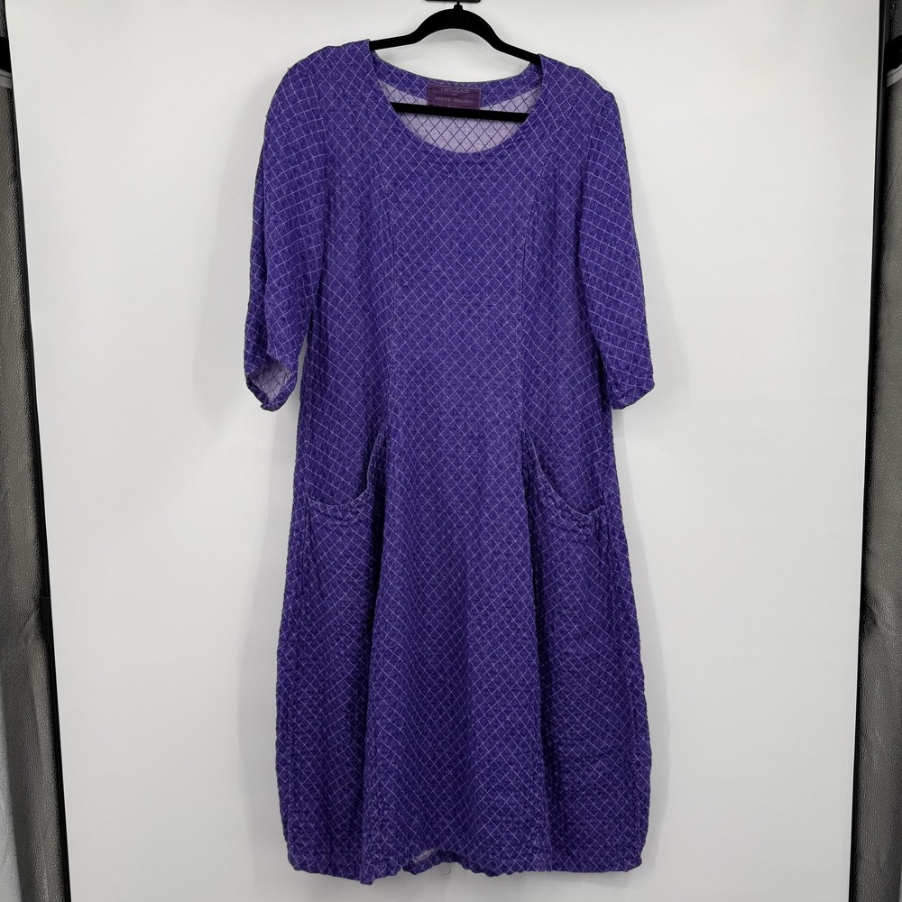 GRIZAS Dress Womens L Purple Argyle Linen Trapeze Midi 3/4 Sleeve Pockets